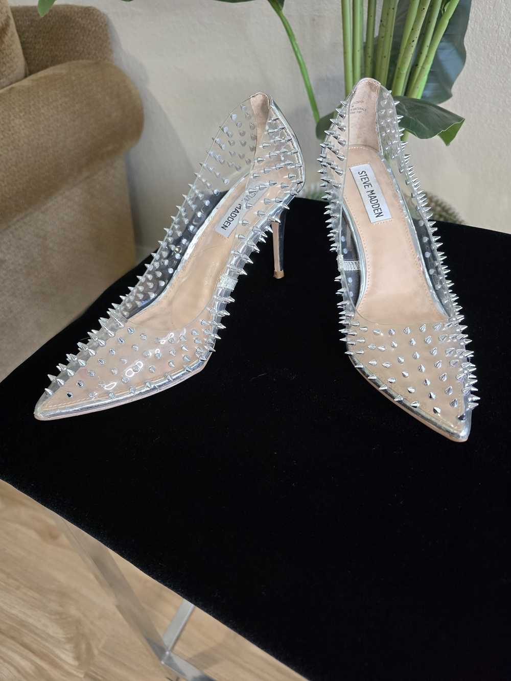Steve Madden Clear Pointed-Toe Heels with Silver Spikes - Picture 2 of 3